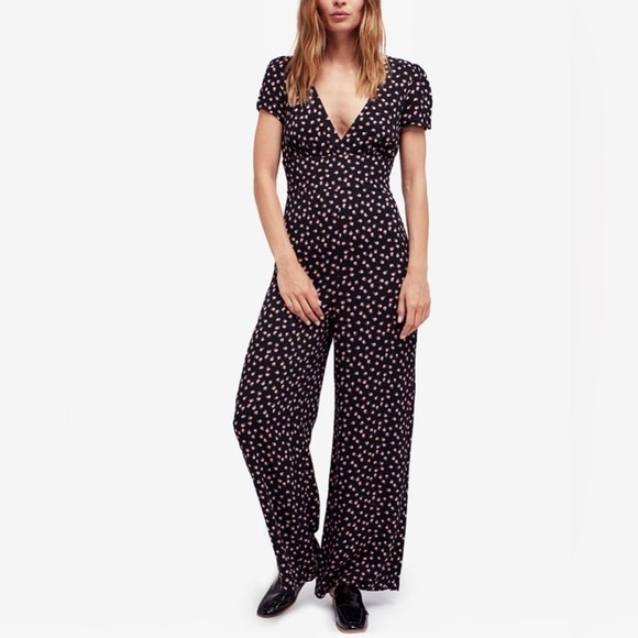 Free People Cornflower Blue Floral Jumpsuit Suit Jumper Romper Wide Leg size  10 - Picture 11 of 13